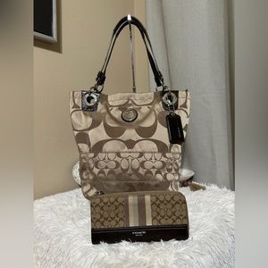 Coach Alex Signature Tote with matching leather trim wallet